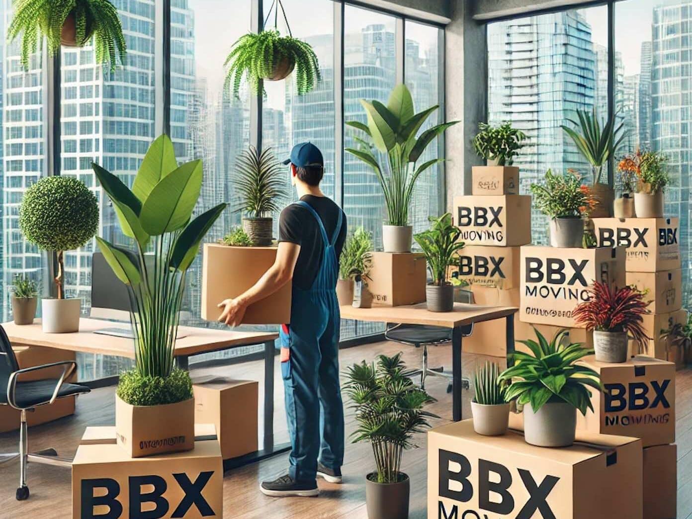 In a cap and overalls, the individual efficiently manages BBX Moving boxes and potted plants in a modern office overlooking the cityscape, ensuring a seamless Vancouver office moving experience while safely relocating plants.